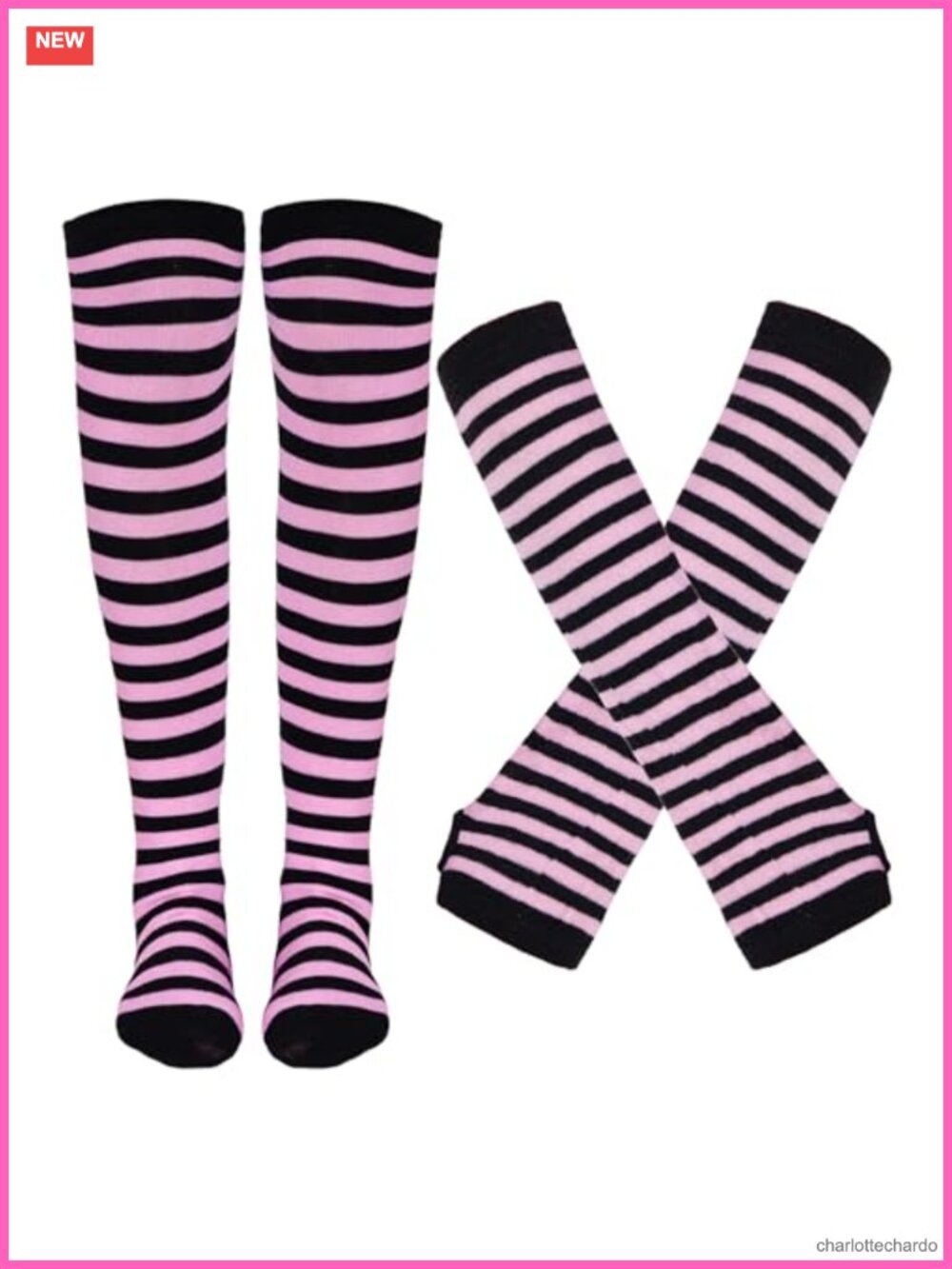 Striped Knee High Socks and Fingerless Gloves Set, Arm Warmers